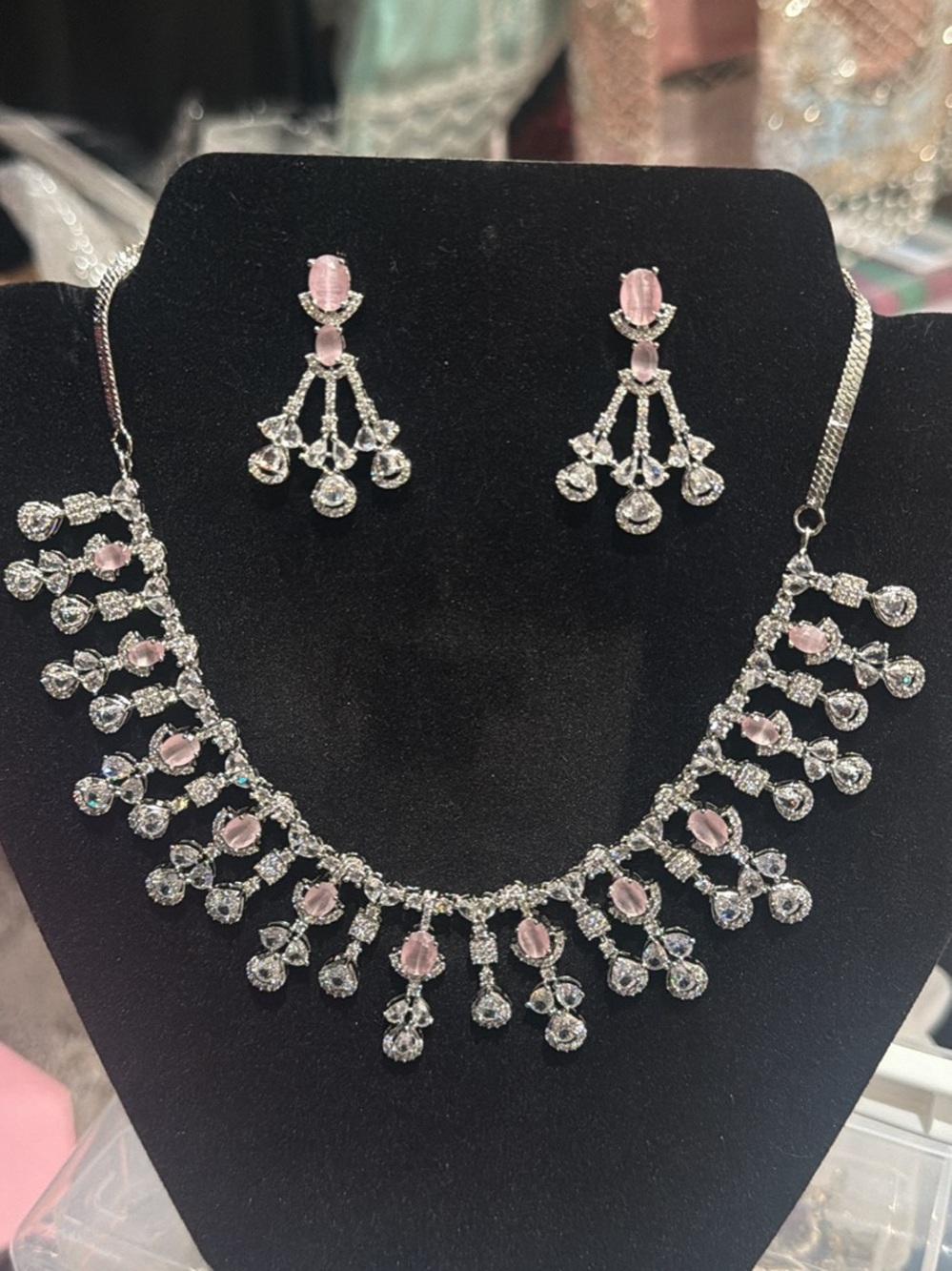 Elegant Pink Crystal Drop Necklace & Earrings Set